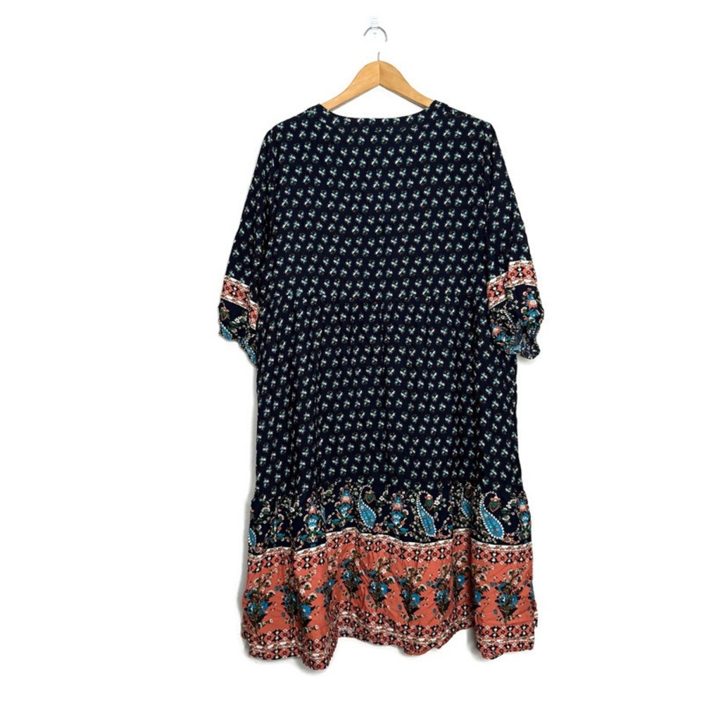 Bloomchic Midi Dress Bandana Tassels Keyhole Neck Indigo Floral Plus Size 1X NWT - Picture 2 of 8